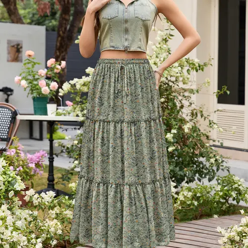 CYiNu summer outfits Women's High Waisted Floral Tiered Chiffon Maxi Skirt Boho Flowy A Line Long Skirt for Summer Classic skirt style plus size flowy long skirts floral maxi skirt elegant lightweight lace trim petticoats design casual daily wear