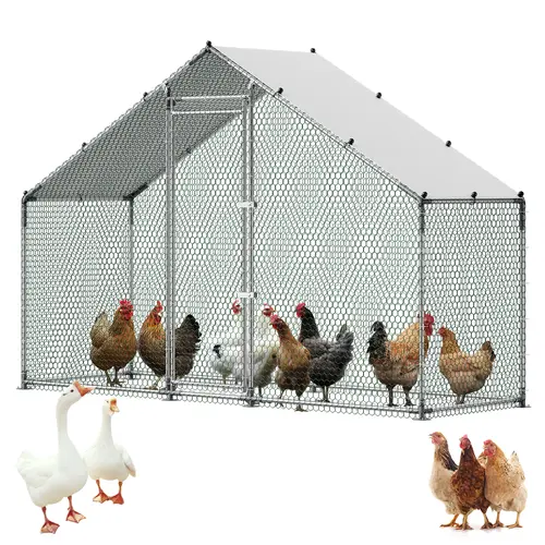 VEVOR Large Metal Walk-in Chicken Coop, 9.8x3.3x6.6 ft Complete Kit with Waterproof Cover, Steel Frame, Spire Roof, Escape-proof Mesh, Ventilation, Predator-resist Design, Ground Stakes for Stability, Easy Assembly, Outdoor Backyard Duck Housing