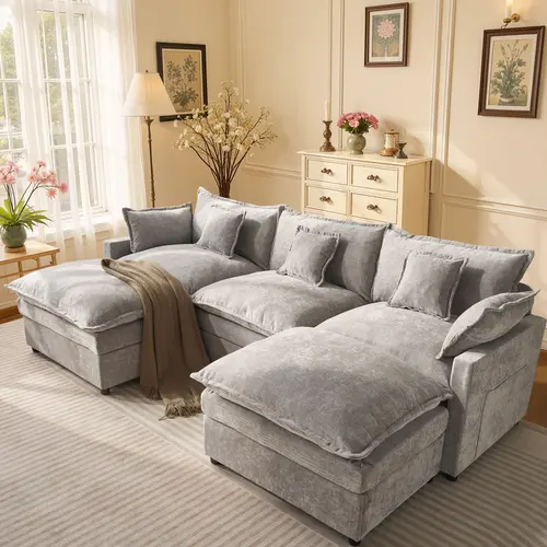 WEAXTY 108" U-Shape Hug Chenille Cloud Couch, 5/6-Seater Modular Cushioned Sectional Sofa with Movable Ottoman & Pillows, Deep Seat Sectional Couches for Living Room Sofas
