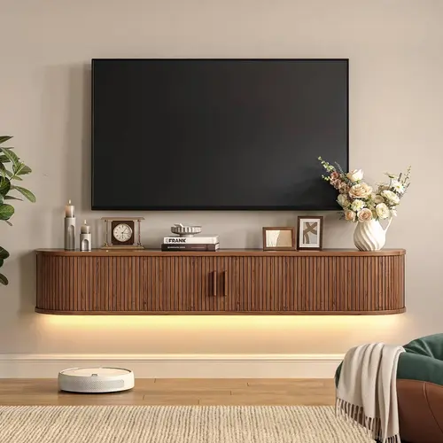 【SohoChic】ONBRILL 63" Stable Wall Mount Floating Wooden Multifunctional TV Stand - TV Console Table with Power Outlet, LED Lights Remote, Sliding Door Storage Compartments, Mid-Century Modern Multimedia Centre for 75" TVs (Living Room), Modern Tv Stan