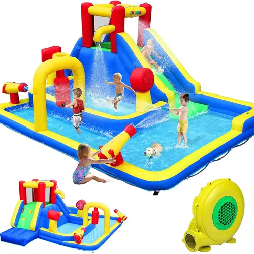 JOYMOR 10-in-1 Inflatable Water Slide Bounce House w/Deeper Pool, Obstacle Course, Climbing Wall, 1min Blow Up Water Slides for Kids Backyard Party Gift
