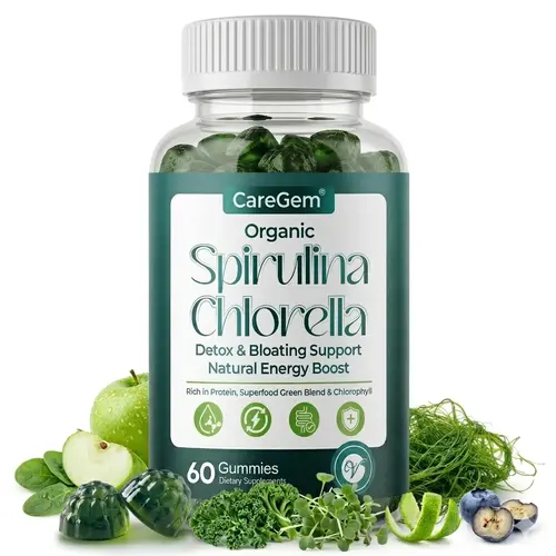 CareGem 38-in-1 Super Greens Dietary Daily Supplement Gummies - Sea Moss, Spirulina, Chlorella, Chlorophyll, 100% DV Vitamins A/B12, Iron, Magnesium - Energy Support, Vegan, Green Flavor, 60 Cts