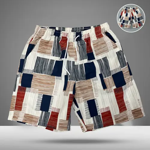 Men’s Retro Mid-Century Style Non-Stretch Shorts – Textured Block Print & Adjustable Drawstring, Eye-Catching Casual Wear for Warm Weather