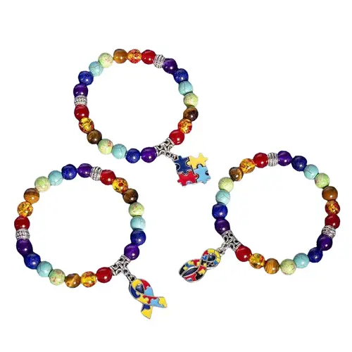 Unisex Rainbow Chakra Stone Beaded Sports Wristband - Natural Stones, Sensory-Friendly Soft Beads for All-Day Wear, Stretch Fit for Most Wrists, Puzzle Piece Charm, Autism Awareness Wear