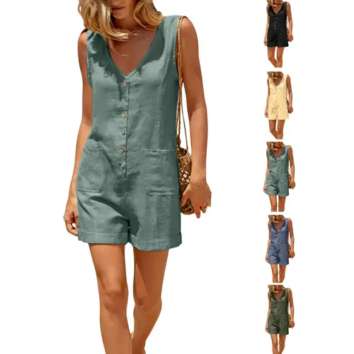 UANEO Women Cotton Linen Romper Sleeveless V Neck Button Down Wide Leg Short Overalls Adjustable Back Tie Casual One Piece with Pockets SpringSummer Outfit