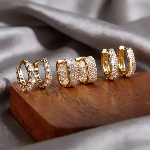 Exquisite 3-Pair 14K Gold Plated Layered Hoop Earring Set for Women, Geometric and Round Huggie Earrings with Hinged Clasps, Model DDES0407
