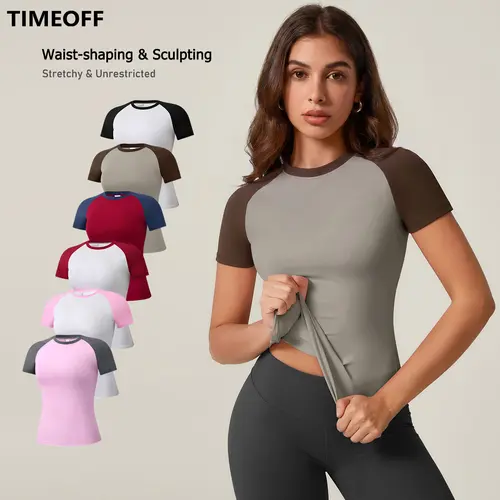 TimeOFF Women's Color Blocking Short Sleeve Athletic Workout Clothing - Breathable Stretchy Gym Workout Tee, Slim Fit Raglan Sleeves, Moisture-Wicking, Movement-Restriction Free, Ideal for Yoga, Gym, Casual Activewear, Breathable Workout Shirt