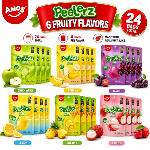 (live)AMOS Peelerz Peelable Gummy Candy Variety Pack, 6 Fruity Flavors, 24 Bags Total, Made with Real Fruit Juice, Fun Peelable Chewy Candy Snacksli