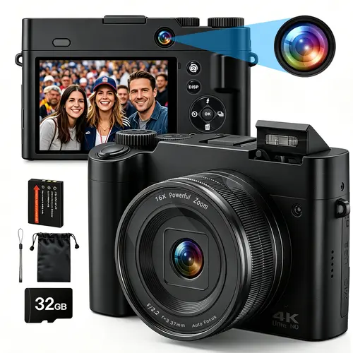 CAMKORY 4K Digital Camera for Vlogging, 64MP Front and Rear Dual Lens, Autofocus Anti-Shake, 3" Tiltable Selfie Screen, Pop-Up Flash, 16X Zoom, with Charging Cradle & 2 Batteries, Digital Cameras, Lcd