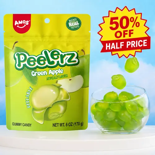 (50% off) 6oz AMOS Peelerz Fruit Gummy Variety Pack, Green Apple, Lychee, Peach, Lemon, Pineapple, Mango & Banana Peelable Soft Candy, Assorted Chewy Gummies Candy Snack-Product card