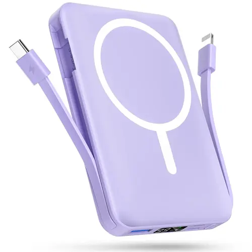 Podoru 10000mAh Magnetic Portable Charger - 20W PD Fast Charging, Built-in Dual USB-C Cables, LED Display, Silicone Cover, Magnetic Phone Charger for iPhone 17/16/15/14/13/12 Series, Back to School Essential