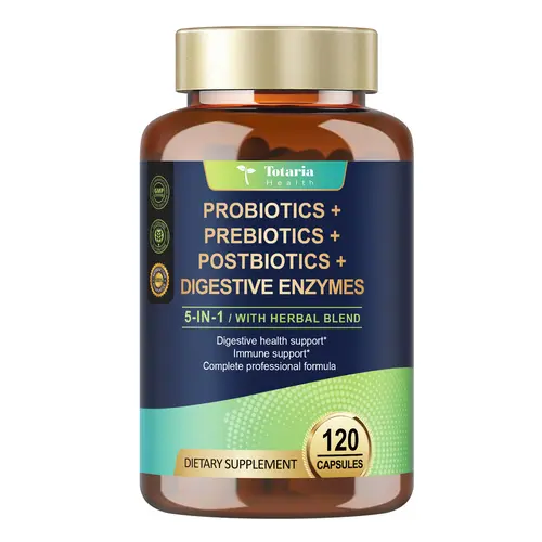 Totaria 5-in-1 Probiotic Prebiotic Postbiotic Supplement with Digestive Enzymes, Slippery Elm, and Herbal Blend for Digestive and Immune Support, 120 Capsules - Dietary, Healthcare,travel essentials