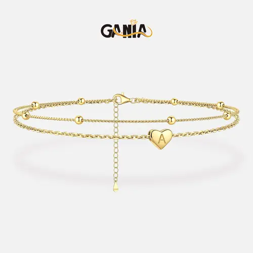 GANIA Gold-plated ankle chain, featuring layered heart shapes and beaded designs, with a series of letters from A to Z. Fashionable beach accessories, with waterproof and sweat-proof technology, simple and elegant style, long-lasting durability.