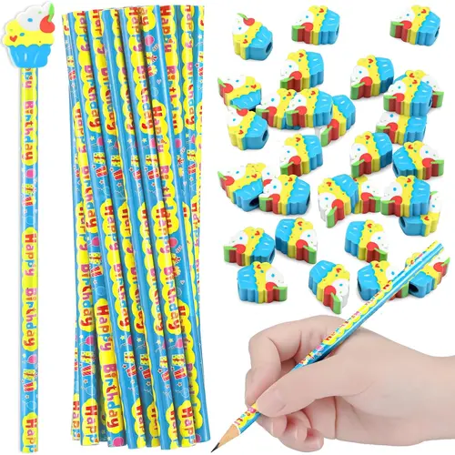 30/36/50 Pcs Back to School Gifts Birthday Pencil for Kids Classroom Party Favors Include Wooden HB Yellow Pencils with Cupcake Erasers Round Cards Smile Ribbons Teacher Reward Supplies First Day of School Essentials for Students