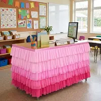 Teacher Desk Skirt with Pink Pastel Ruffled Boho Rainbow Design, Back to School Desk Cover for Hiding Clutter, Ideal for Counselor Desks, Standing Desks, Meet the Teacher Night, First Day of School Teacher Office Decor