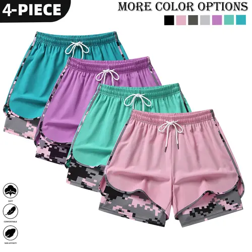 Women's 4-PCS Casual Athletic Mom Shorts - Quick Dry, Loose-Fitting Normal Type Drawstring Shorts with Zipper Pockets, Camo Print for Gym, Running, Lounge - Mother's Day Wardrobe Essential