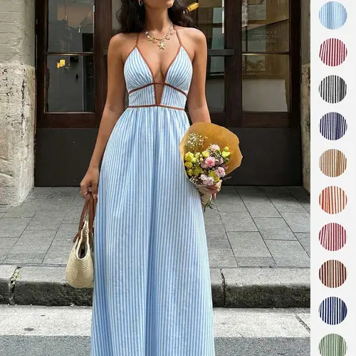 Women's French Vacation Striped Halter Strap Dress with Deep V Neckline, Waist-Cinching Design, Floor-Length Casual Wear Beach Dress, Summer