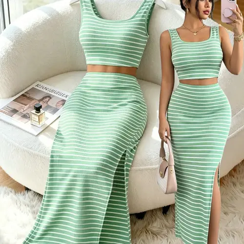 Women's Striped Two-Piece Skirt Set, Romantic Beach Vacation Style, Casual Summer Wear