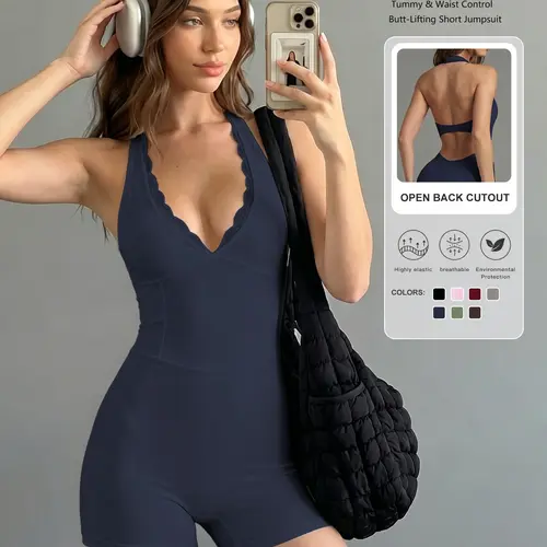 Women's Lace Patchwork Jumpsuit, V-Neck Design, Slim Fit, Sleeveless, Sporty Style, Yoga & Fitness Wear, All Seasons, Music Festival