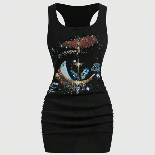 Women's Vintage Bad Girl Street Style Star Print Tight Sleeveless Mini Dress, Womenswear, Casual Fashion, Perfect for Daily Wear and Parties, Boho Casual Summer Sundress, Casual Boho Sundress, Bohemian Style Dresses, Bohemian Style Sundresses
