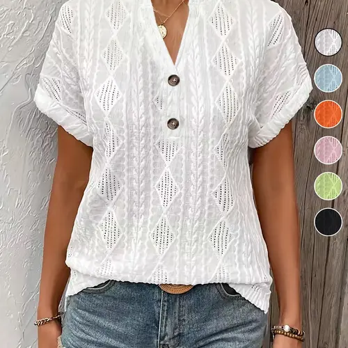 Women's Casual Hollow Out Button Short Sleeve Vneck Top Shirts, Summer Loose Fit Blouse Tops, Stylish and Comfortable Ladies' Clothing, Womenswear
