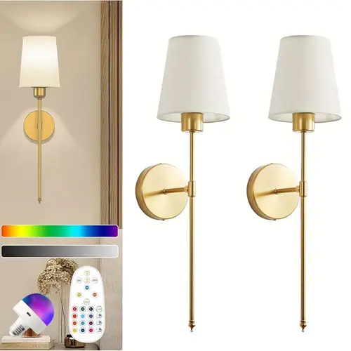 Set of 2 White Fabric Shade Battery-Operated Rechargeable Cordless Wall Sconces, Remote-Controlled 15-Color RGB Brightness Dimmable Ambient Lighting Multifunctional Lamps for Entryway & Aesthetic House Decor