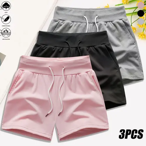 Pack of 3 women’s casual shorts, solid color, drawstring elastic waistband, everyday wear, outdoor sports fitness running, yoga, women’s athletic shorts, womenswear,summerwins,summeroutfits,vacationoutfits,beachoutfits