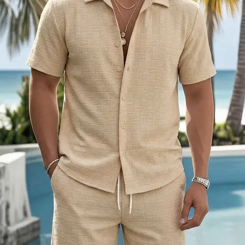 Men's Summer Textured Fabric Two-Piece Set, Plain Button Collared Short Sleeve Shirt & Casual Shorts, Vintage Tropical Beach Vacation Style, Fitted H-Type Blouse, Casual Matching Sets