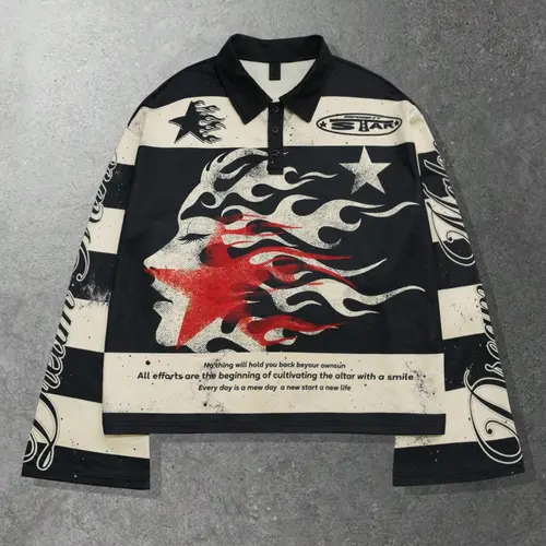 Trendy Street Style Long-Sleeve Graphic Print Polo Shirt, Colorblock Stripe with Flame Star Abstract Face, Loose-Fit Unisex Casual Top