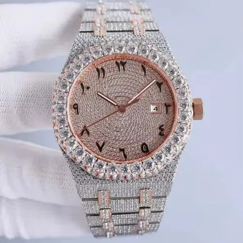 Men's Classic Analog Casual Fashion Watch - Automatic, Waterproof, Round Face, Arabic Numerals, CZ-Moiss Design, Full Iced Diamond-Style Shine Pops, Classic Analog Watch