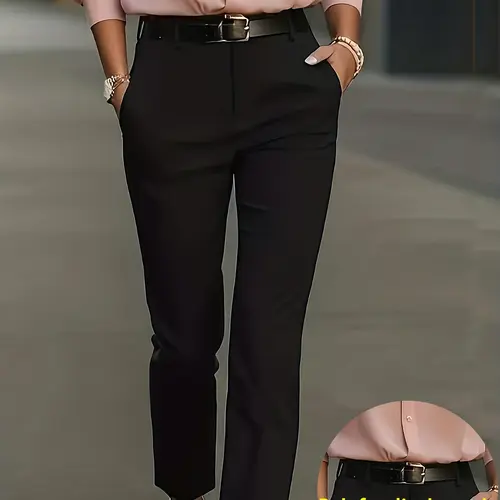 Women's Solid Color Commuter Slim Fit High Waist Straight Leg Pants, Slant Pocket Design, Casual Business Suit Pants, Soft Comfortable Fabric, Fitted, Basic, Bottom, Business Casual Bottoms