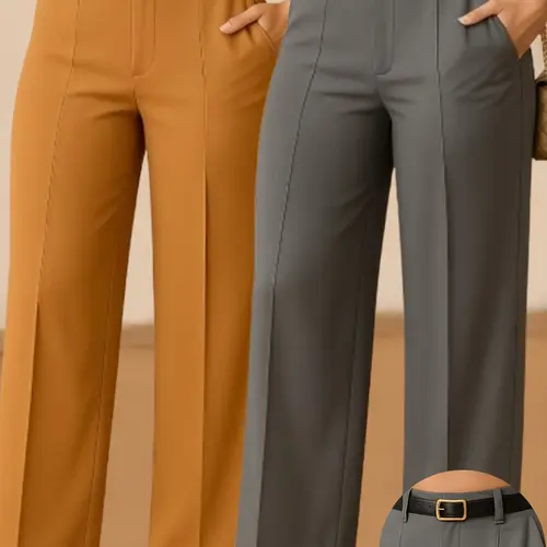 Women's Elegant Minimalist Basic Solid Color High Waist Straight Leg Casual High Waisted Everyday Pants Set, Fitted Commuter Long Pants Without Belt, Casual Trousers, All Seasons