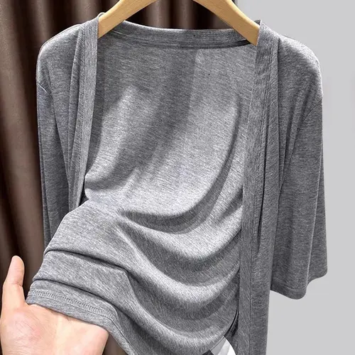 Summer Ice Silk Thin Basic Sun Protection Casual Short Sleeve Cardigan Knitwear Jacket for Women, Tops Outerwear Medium Sleeves Knit Air Conditioning Cover