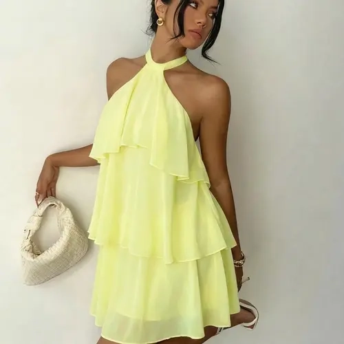 Women's Elegant Feminine Summer Light Lightweight Breathable Strapless Bow Mini Chiffon Lightweight Woven Dress, Casual Fashionable Short Sleeve Party Wear, Perfect for Daily Womenswear Lady