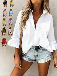 Spring Summer New Basic Loose Solid Color Shirt, Casual Long Sleeve Button-Up Blouse, Smooth 7/8 Sleeve, Vacation Wear, Work Formal, Daily, Party Fashion Top
