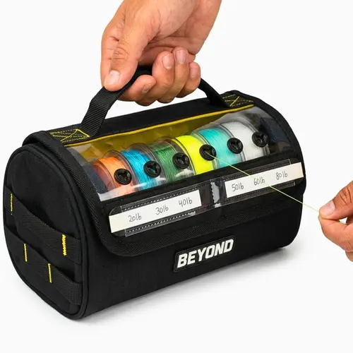 Beyond Fishing Line Storage Bag – Fishing Gear Storage with Built-In Dispenser, Spool Holder, Writable Label Panel, Rubber Grommets Grip Line Securely
