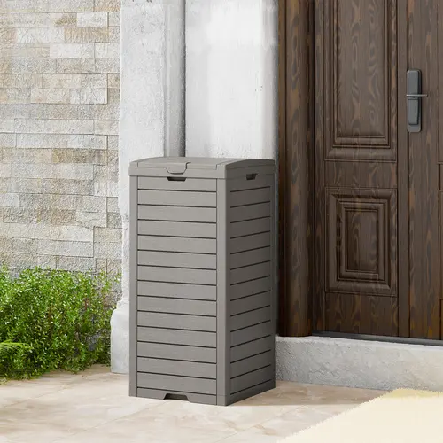 31 Gal Large Outdoor Trash Can - Waterproof Resin Hideaway Bin with Lid, Drip Tray, PVC Layer Resists Rips, Slide Function, Easy to Clean Gray Bin for Deck/Patio, Hide Waste Use