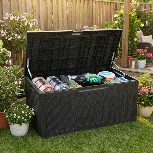 YITAHOME 100 Gal Plastic Resin Deck Box, Weather-Resistant Lidded High-Capacity Organizer, Lockable Box with Lock for Outdoor Garden & Indoor Supplies Storage