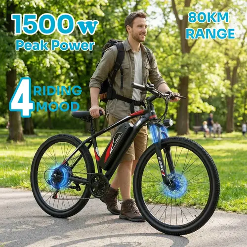 VIPLAT 26-Inch Adult Electric Bike, 1500W Peak Motor, 25MPH Max Speed, 40-60 Mi Range, 48V 12Ah Removable Battery, UL2849 Certified, Fat Tires, LED Light for Commuting, Trail Riding, Back to School Haul, High-Carbon Steel