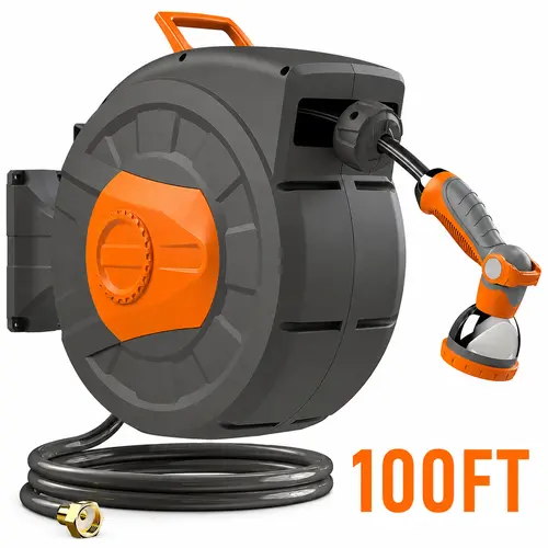RIFPOD 100 FT Retractable Garden Hose Reel,  Wall Mounted Water Hose Reel with Adjustable Spray Nozzle, 180° Swivel Bracket, Automatic Rewind & Lock at Any Length, Slow Return System for Garden, Lawn, Car Washing, Patio & Yard Cleaning