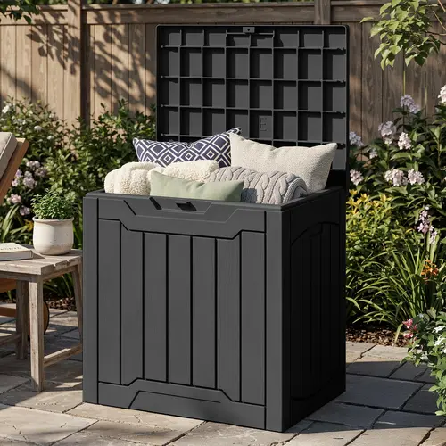 YITAHOME 31gal Polypropylene Outdoor Storage Box - Weathertight Resin Deck Box with Wood Veneer for Gardening Tools, Pool Supplies
