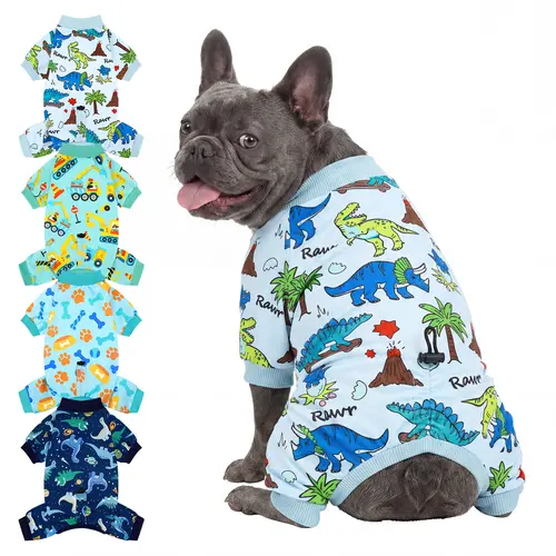 XPUDAC Dinosaurs-4 Pack Adjustable Fit Dog Pajama Set - Cartoon Footprints, Excavator Patterns, Drawstring, Warm, Breathable Stretchy Outfits for Boy Dogs, Cute Daily Wear & Photoshoots,Festive Christmas Halloween Gift