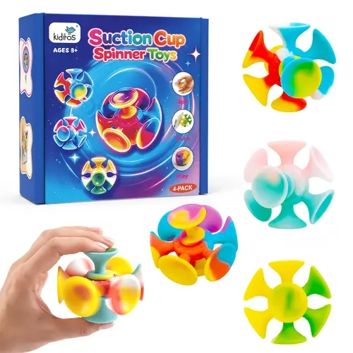 Kiditos Suction Cup Spinner Toys, 4 Pack Sensory Fidget Toys for Toddlers, Kids & Adults, Screen-Free Stick and Spin Toy for Window, Table, Car Rides, Travel, Office Desk, Party Play