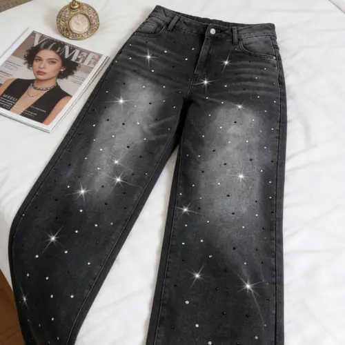 Women's Y2K Style Streetwear, Wide Leg Jeans, Gradient Color Denim Jeans, Rhinestone Embellished Texture, Mid Waist, All Seasons, Casual Wear, Pants