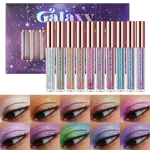 LANGMANNI 10 Piece Liquid Eyeshadow Set, Long Lasting & Waterproof Sparkly Chrome Eyeshadow, Multi-use Makeup Essential for Face, Lips & Eyes, Ideal for Party Looks, Silicone, Cosmetic, 10-Color Set