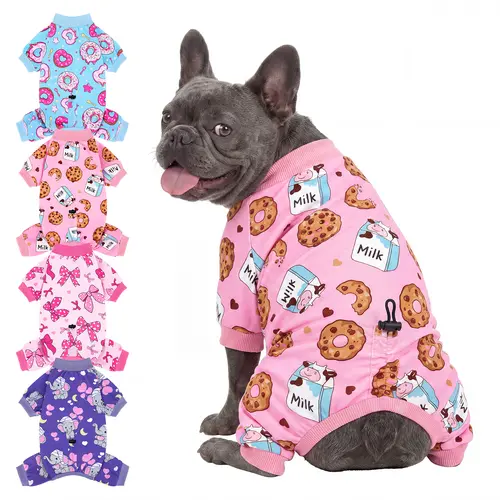 XPUDAC 4-Pieces Adjustable Fit Dog & Cat Pajamas - Soft Stretchy Onesies, Breathable Elastic, Drawstrings, Easy Machine Wash, Calming Clothing for Multi-Size Pets, Cartoon Animals Design,Festive Christmas Halloween Gift