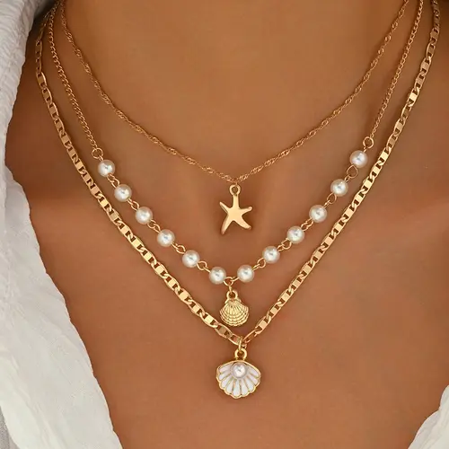 Women's Pearl Necklace Set, Simple Starfish & Shell Pendant Design, Perfect Gift for Women & Girls, Elegant Jewelry Necklets, Dainty Pearl Necklace, Pearl Seashell Starfish