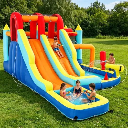 Inflatable Water Slide Park Giant Bounce House with 450W Blower Climbing Wall Dual Basketball Hoops Ring Toss Games Outdoor Backyard Jumper for Kids Ages 3+