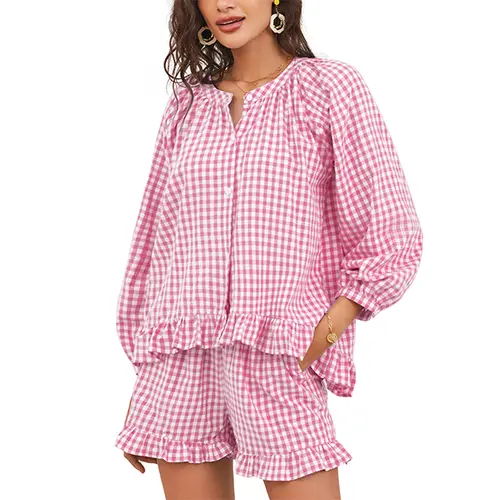 Women's Soft Plaid Cotton Pajama Set - Ruffle Long Sleeve Top & Shorts Nightwear, Fashion Sleepwear with Pockets, Fit