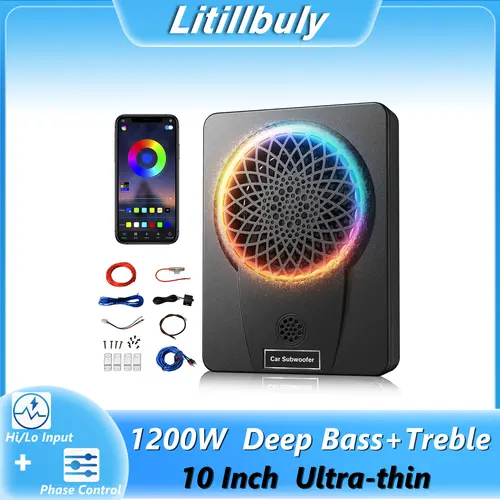 Car Subwoofer 1200W 10'' Slim Under Seat with Tweeters and APP-Controlled RGB Lights, Built-in Amplifier, Hi/Lo Input, Deep Bass & Clear Treble Car Audio Subwoofer for Car/Truck/SUV/Jeep/MPV